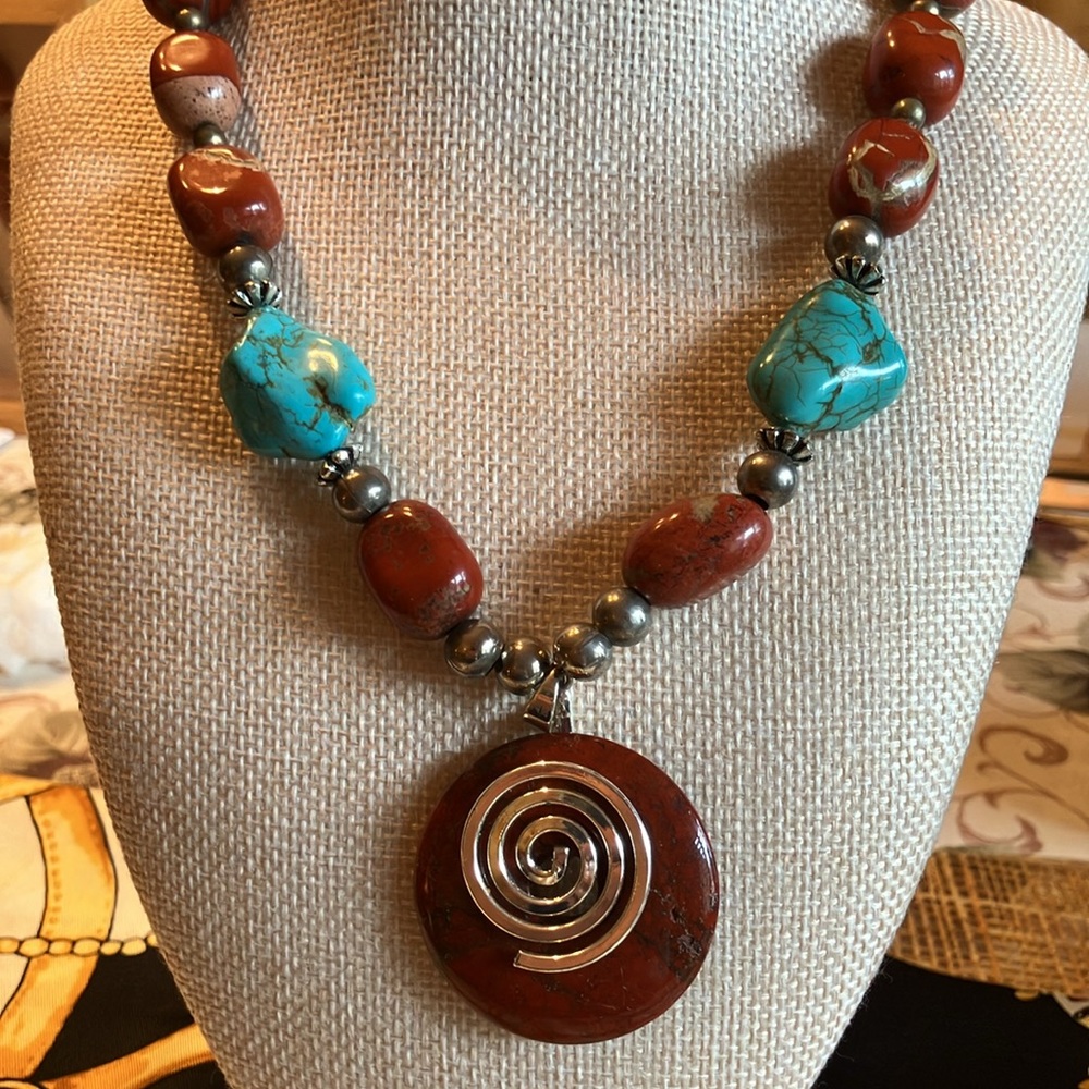 RED JASPER AND AUTHENTIC TURQUOISE SILVER ACCENTS WITH TURQ EARRINGS - Picture 13 of 13